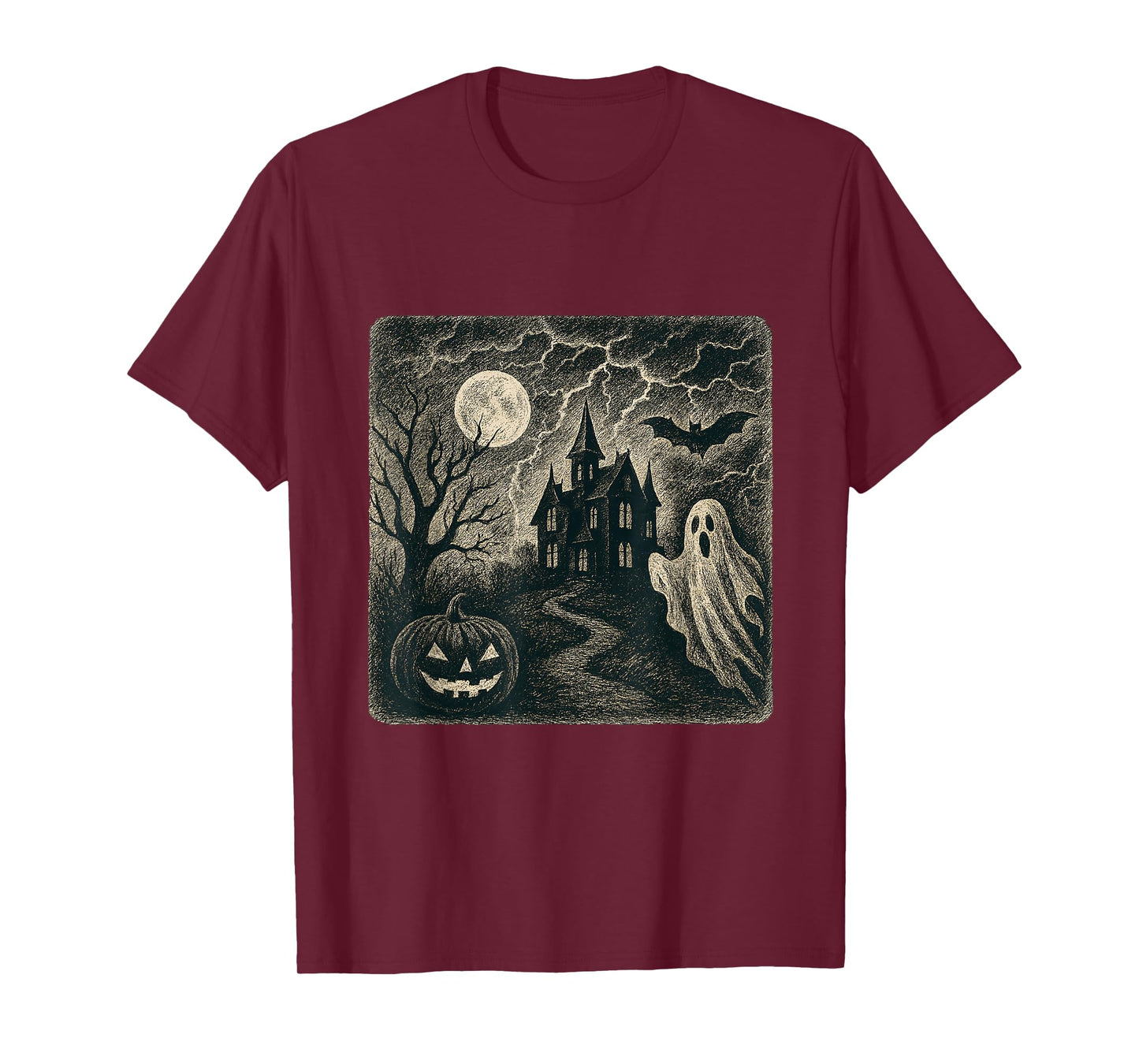 Haunted House Vintage Ghost Moon Halloween Scene T-Shirt