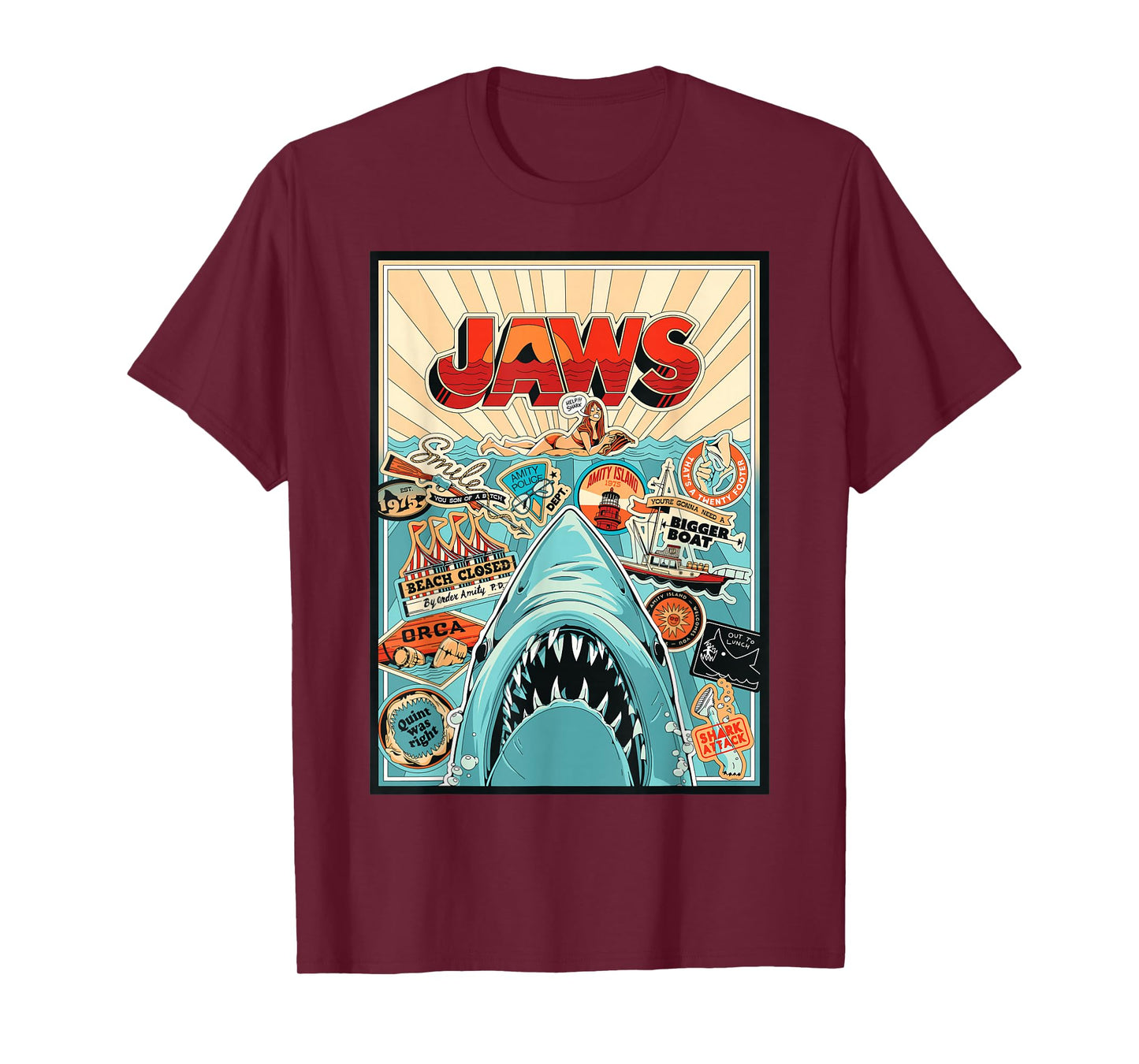 Jaws 50th Anniversary Poster Amity Sticker Collage 2-Sided T-Shirt