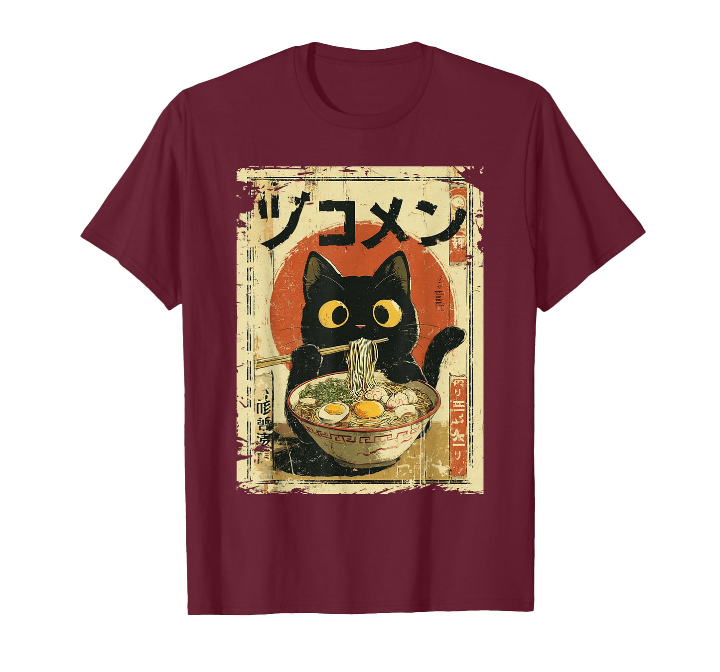 Kawaii Cat Eating Ramen Noodles Funny vintage Japanese Anime T-Shirt