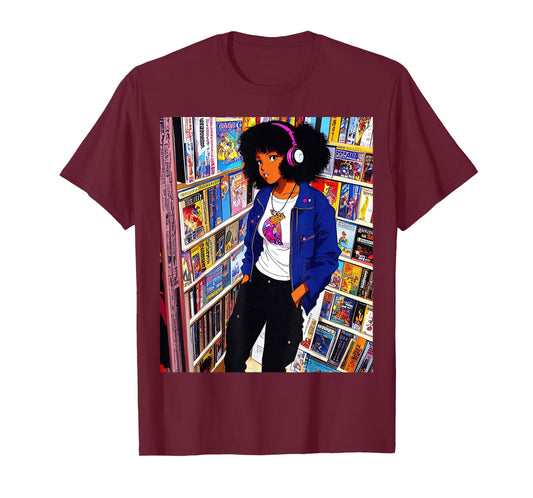 Black girl Lofi Music 90s Afro Retro Anime Cartoon Style T-Shirt