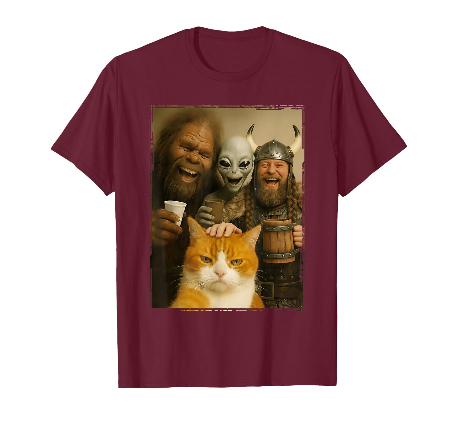 Cat Selfie with Bigfoot, Alien & Viking | Funny Cat T-Shirt
