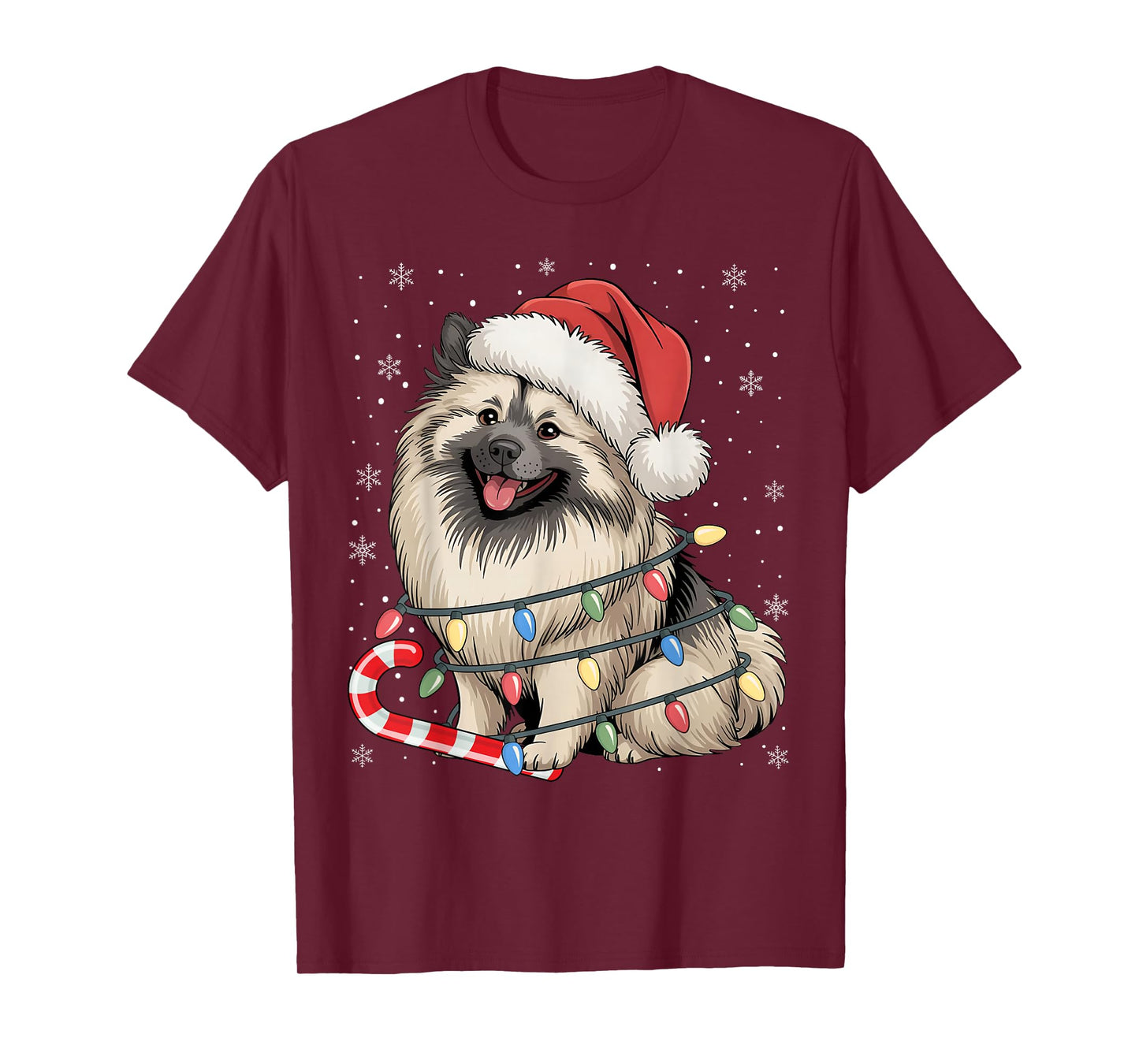 Keeshond Dog Ugly Christmas Candy Cane Tree Lights Xmas T-Shirt