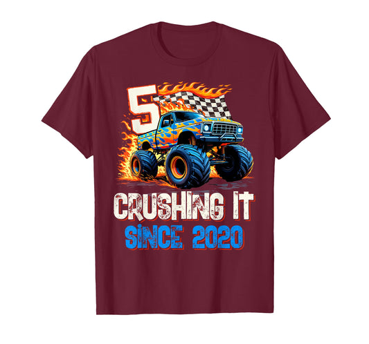 5 Crushing It Since 2020 5th Birthday Monster Truck T-Shirt
