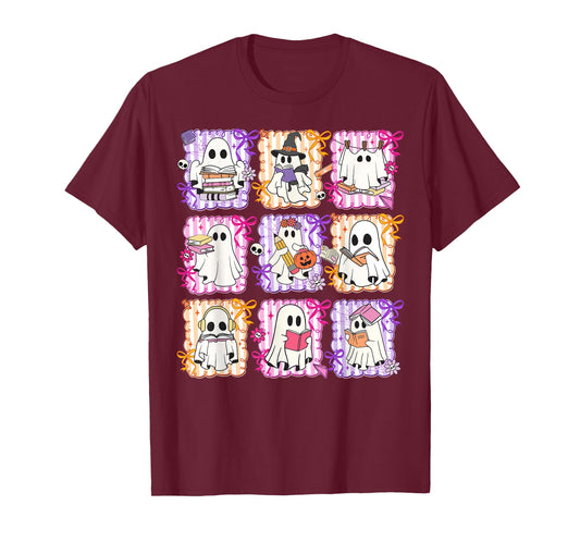 Preppy Ghost Reading Book Halloween Books Lover Teacher Kid T-Shirt