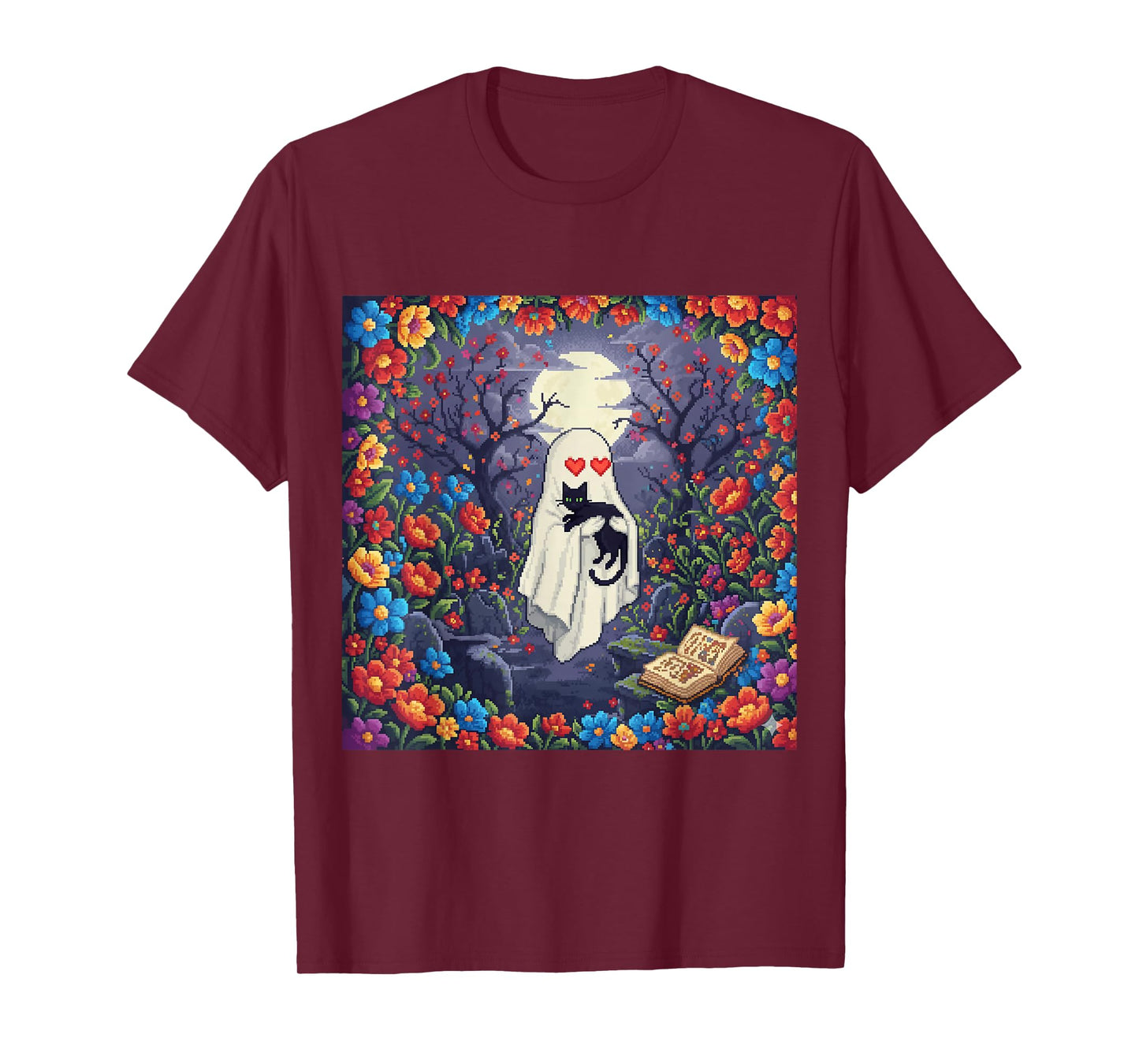 Funny Ghost with Heart Eyes Hug Black Cat in Flower Pixel T-Shirt