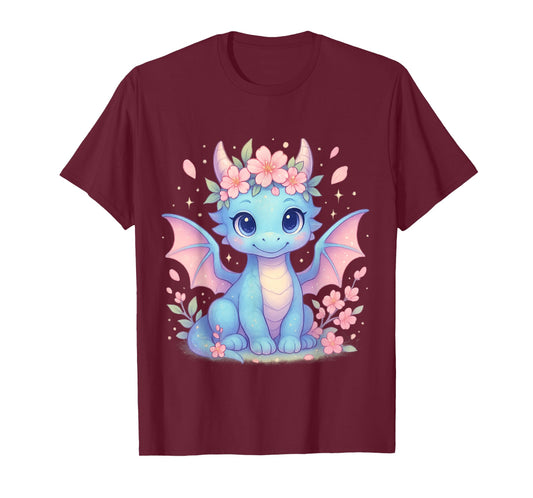 Cute Dragon With Cherry Blossoms Flower For Kids Girls Boys T-Shirt