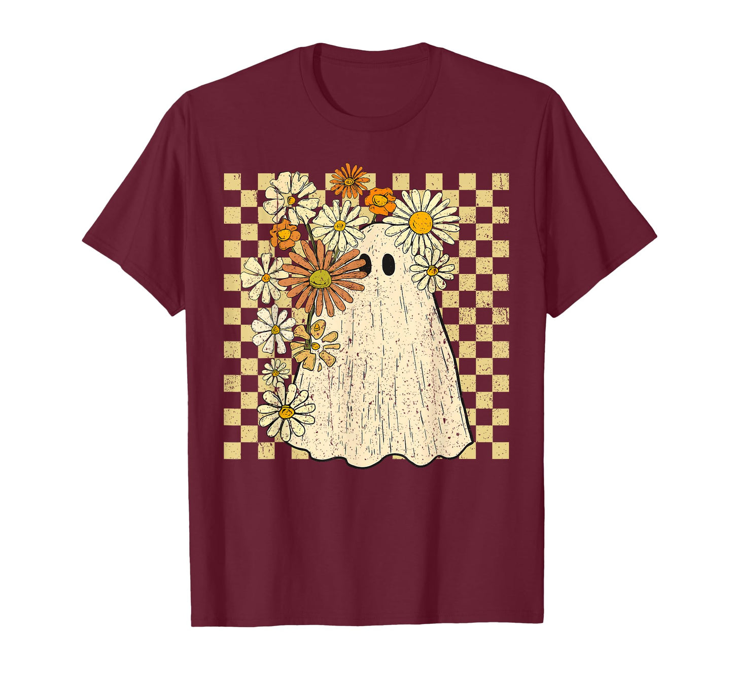 Retro Vintage Ghost Floral Checkered Halloween Womens Girls T-Shirt