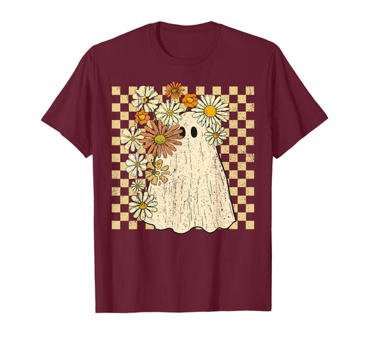 Retro Vintage Ghost Floral Checkered Halloween Womens Girls T-Shirt