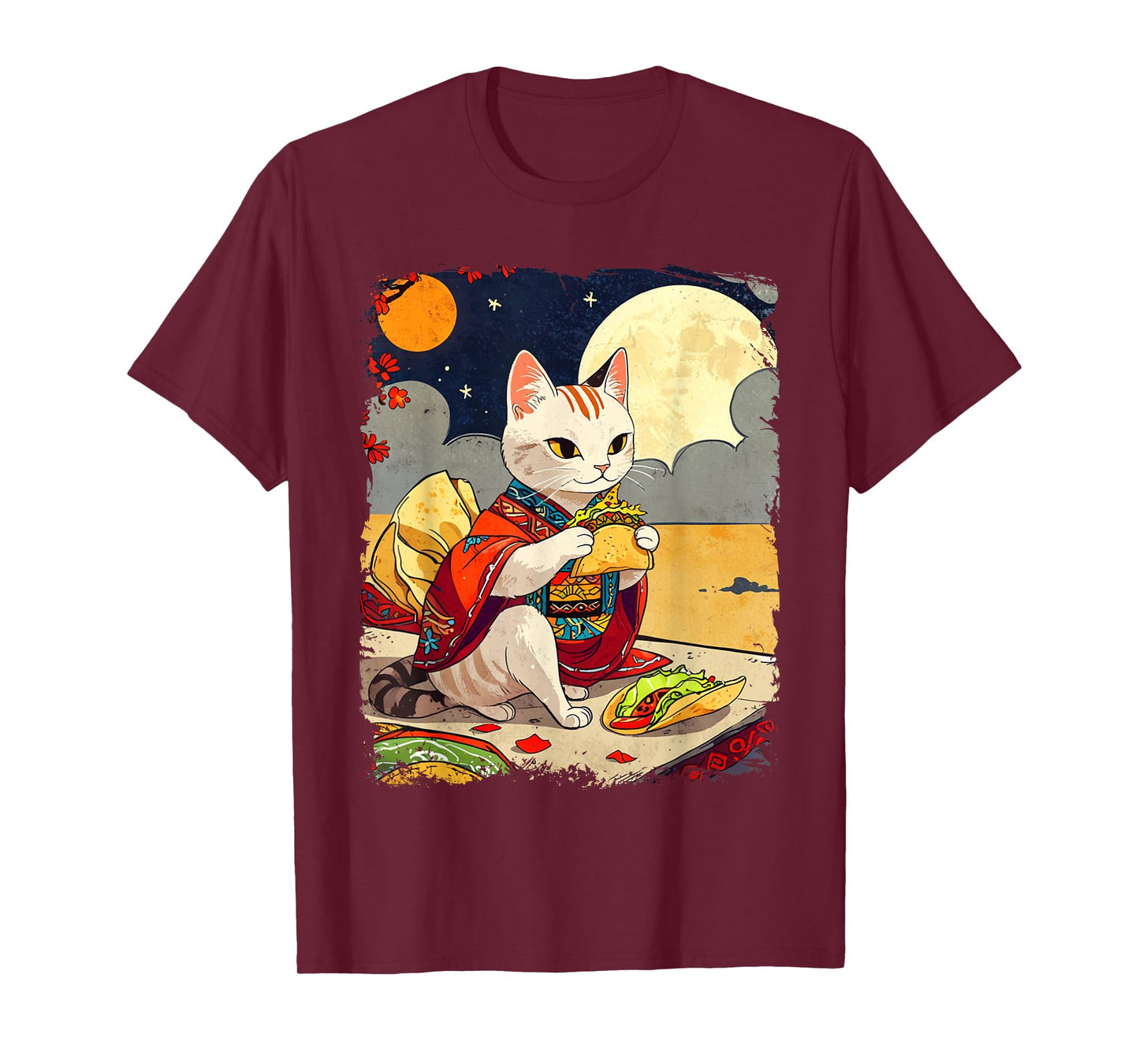 Cat Eating Tacos Funny Taco Cat Ukiyo-e Art Mexican Cat T-Shirt