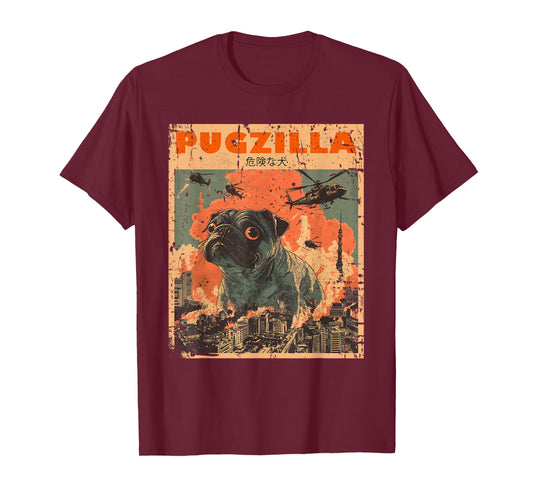 Pug Lover Clothes Pugs Clothing Japan Movie Poster Pugzilla Tee Design for Pug Owner Retro Vintage Apparel Pugs T-Shirt Unisex-Adults, Unisex-Kids Black Short Sleeve Small T-Shirt