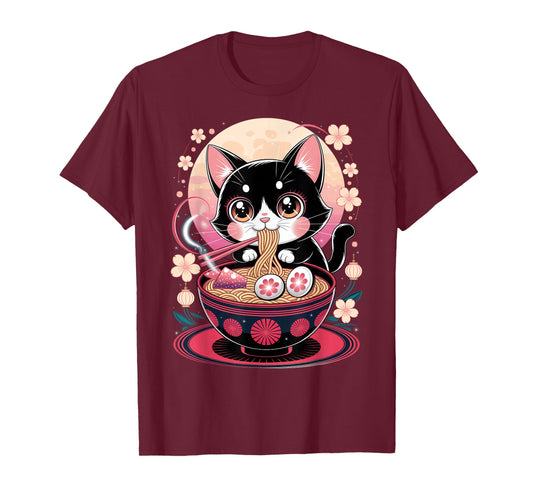 Japanese Anime Cat Ramen Kawaii Cat Eating Noodles T-Shirt