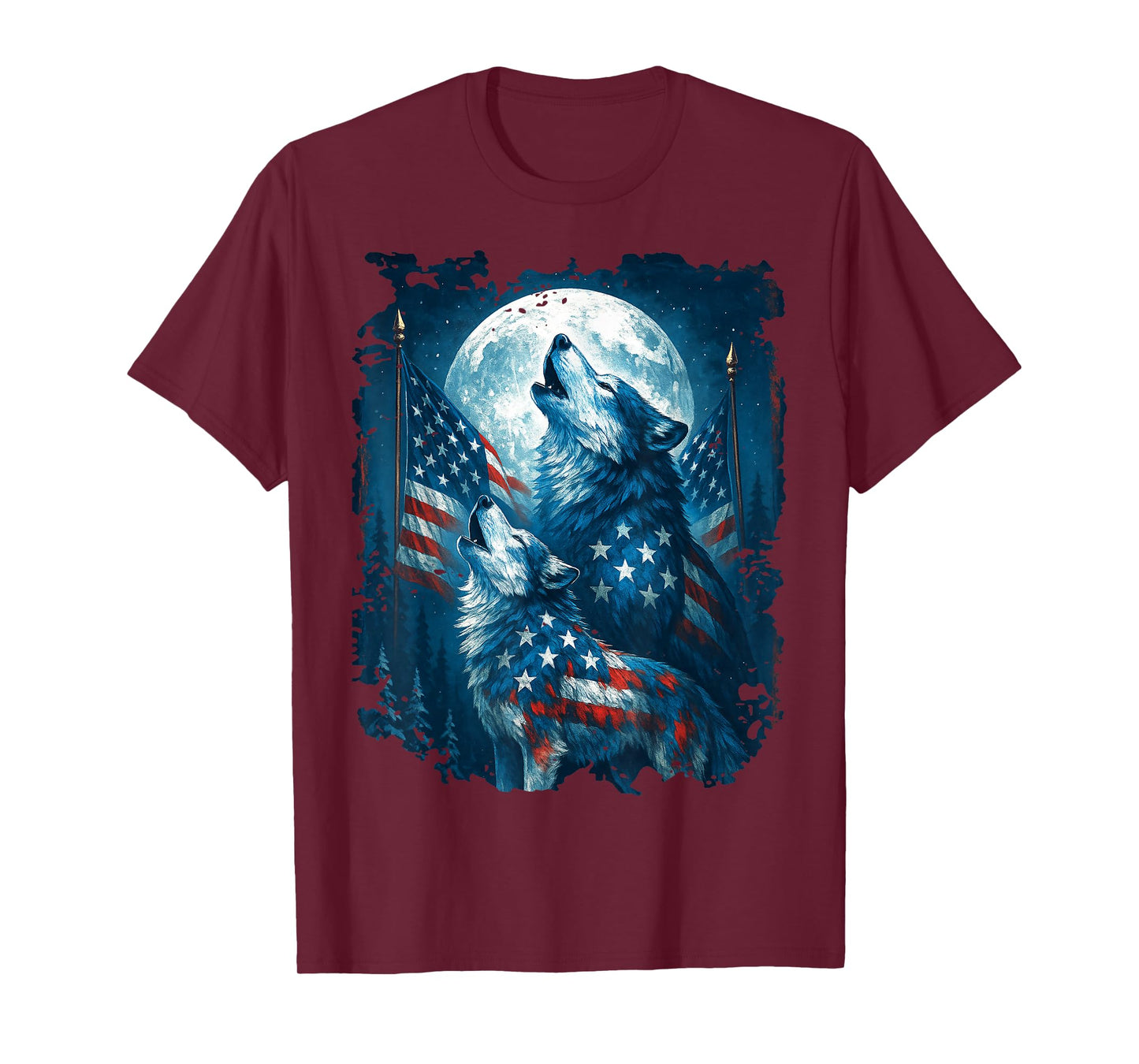 4th of July American Flag Wolf Howling Moon Wolves July 4th T-Shirt