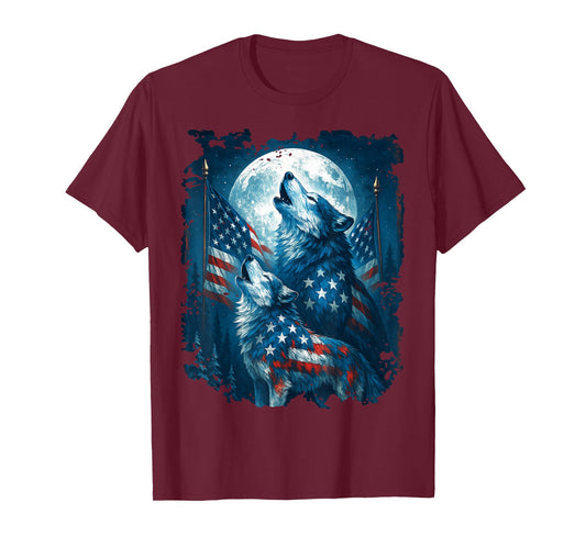 4th of July American Flag Wolf Howling Moon Wolves July 4th T-Shirt