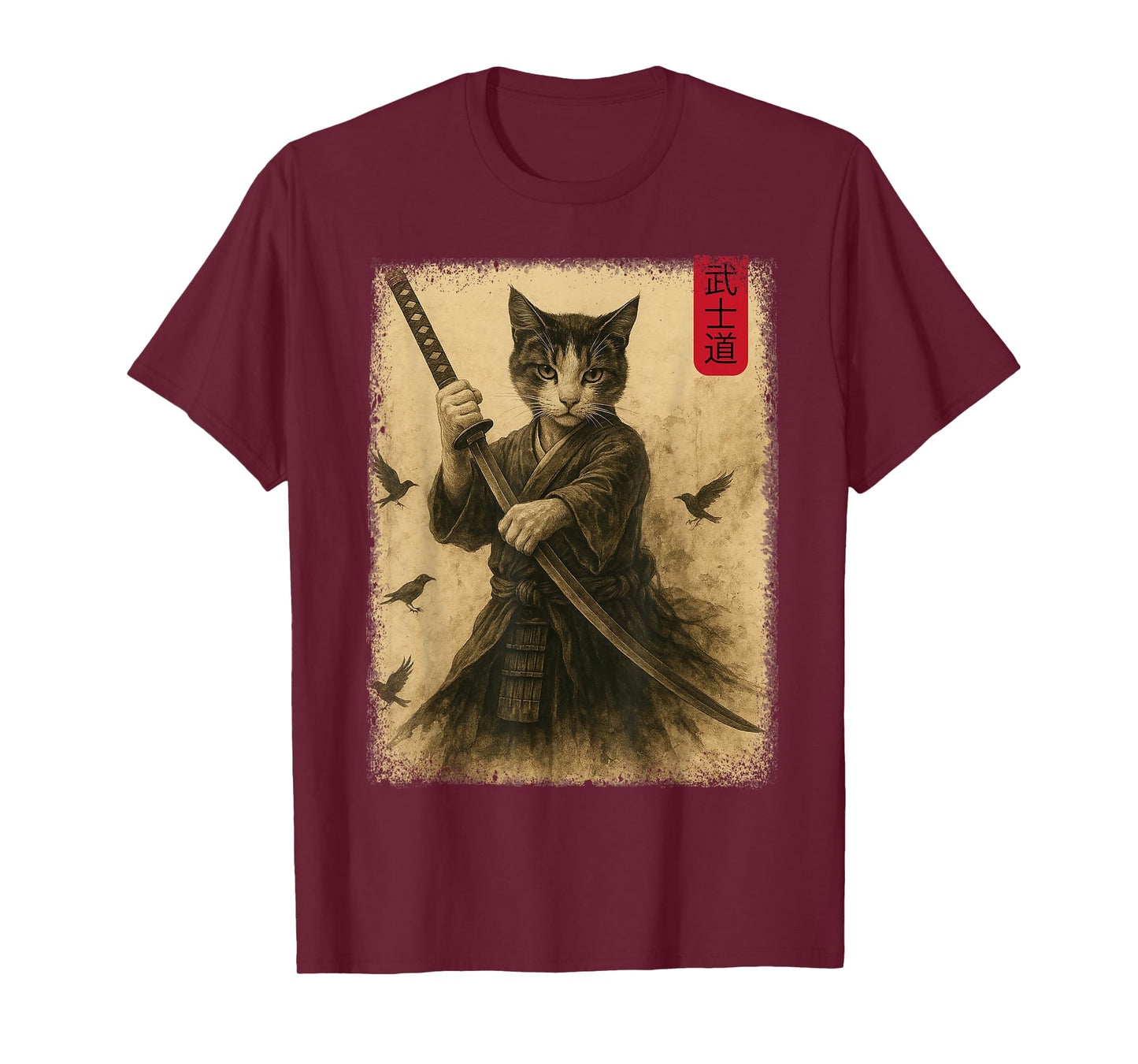 Samurai Cat Graphic Warrior Vintage Japanese Cat Anime T-Shirt