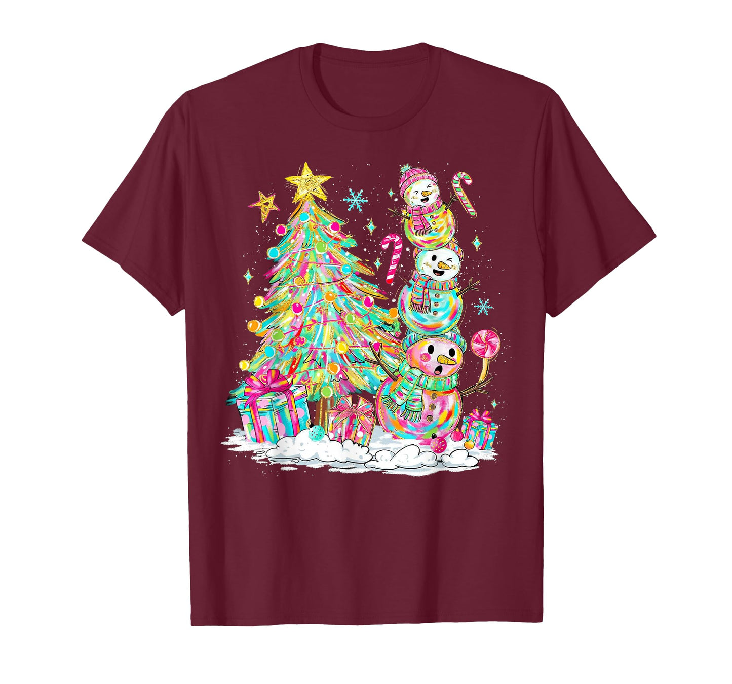 Colorful Christmas Snowman Scene for Kids Holiday Fun T-Shirt