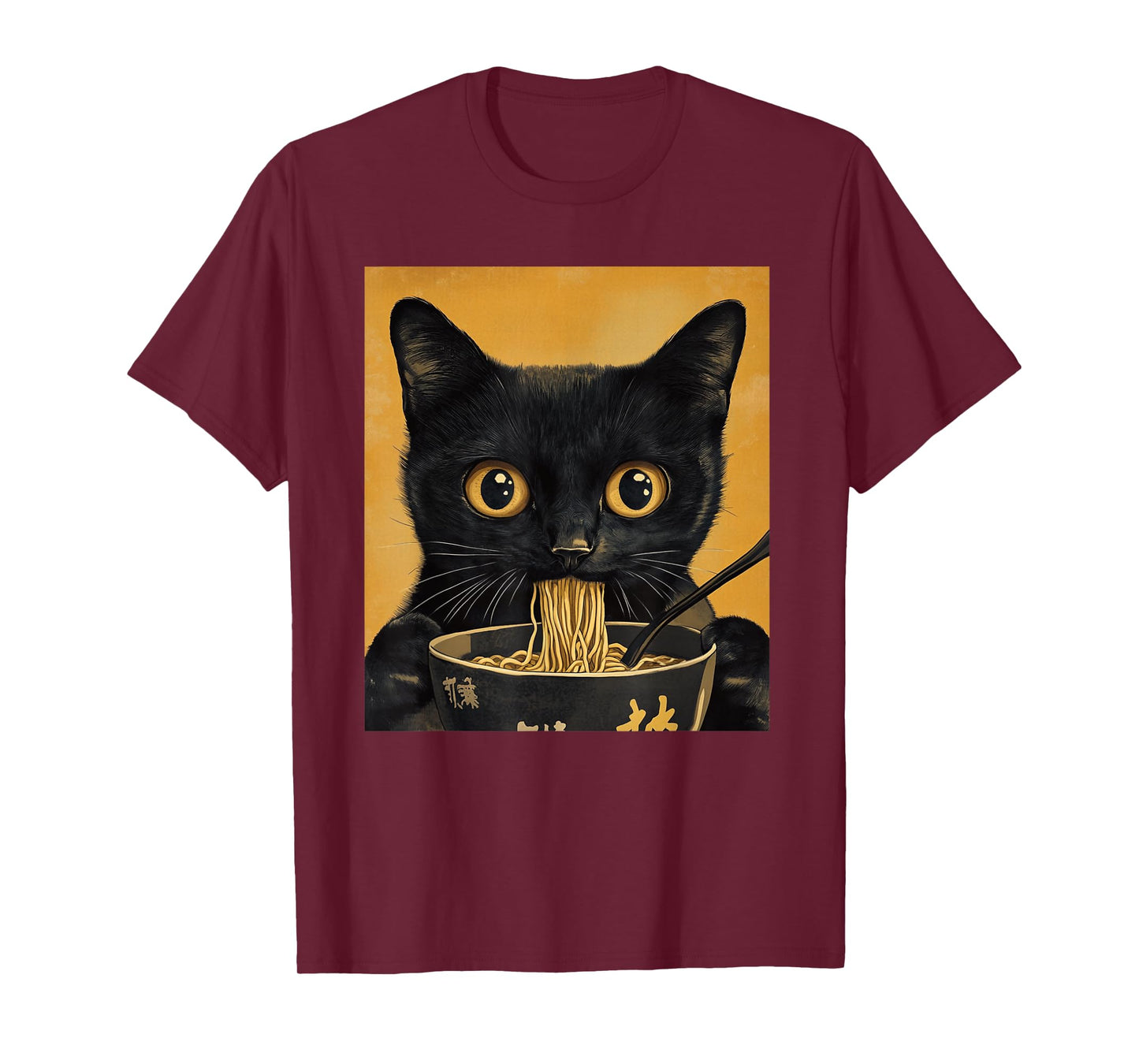 Funny Japanese Black Cat Eating Ramen Noodles T-Shirt