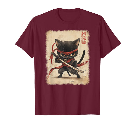 Japanese Samurai Kitten Kawaii Ninja Cat T-Shirt