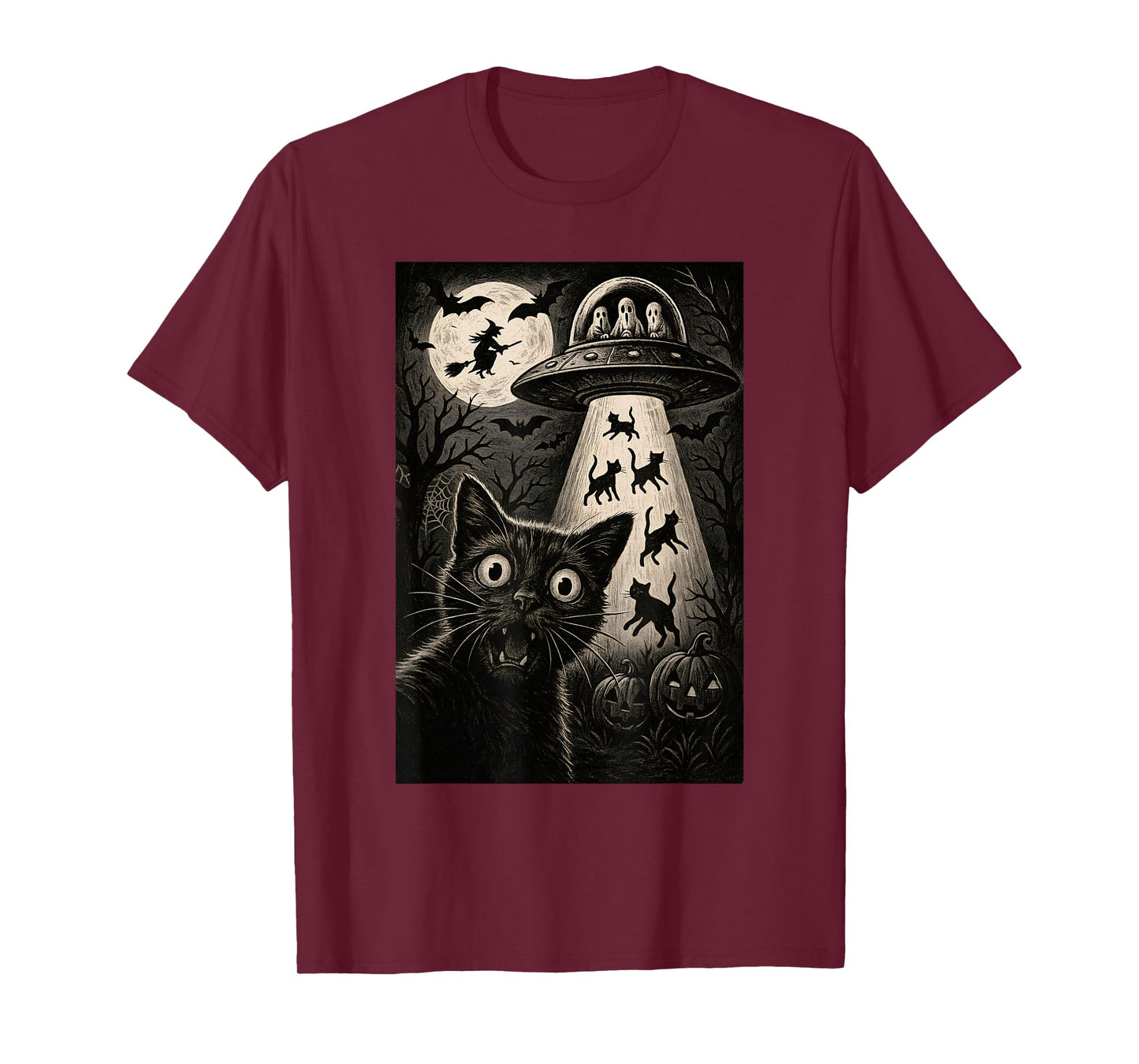 Halloween Cat Selfie Scary Alien Abduction Cats UFO Flying T-Shirt