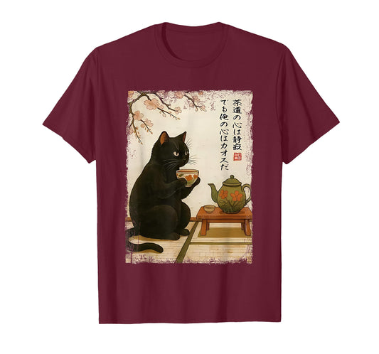 Tea time with a Black cat Drinking Tea Japanese Art T-Shirt