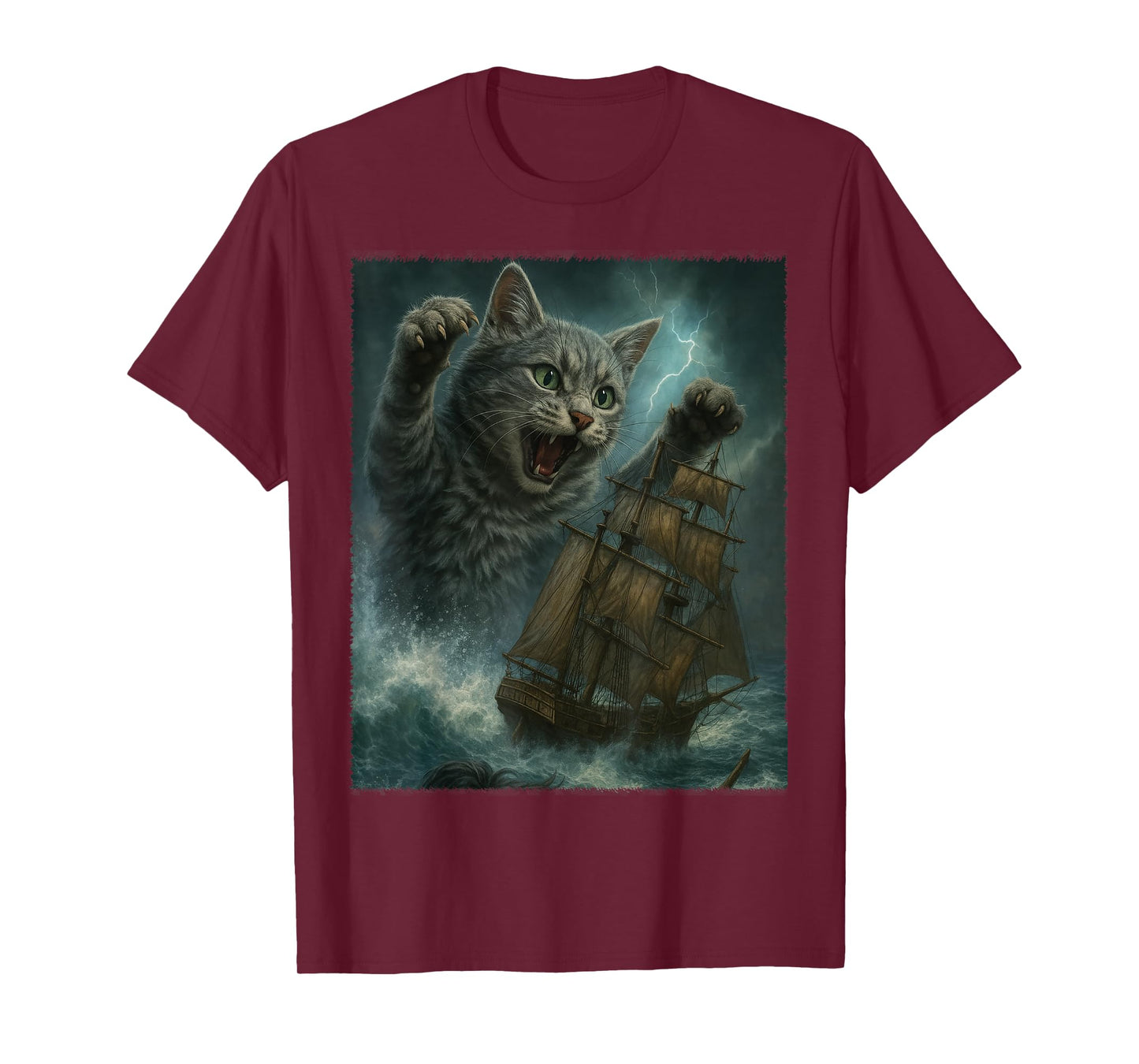 Giant Cat as Kraken Sea Monster Attack Pirate Ship in Ocean T-Shirt