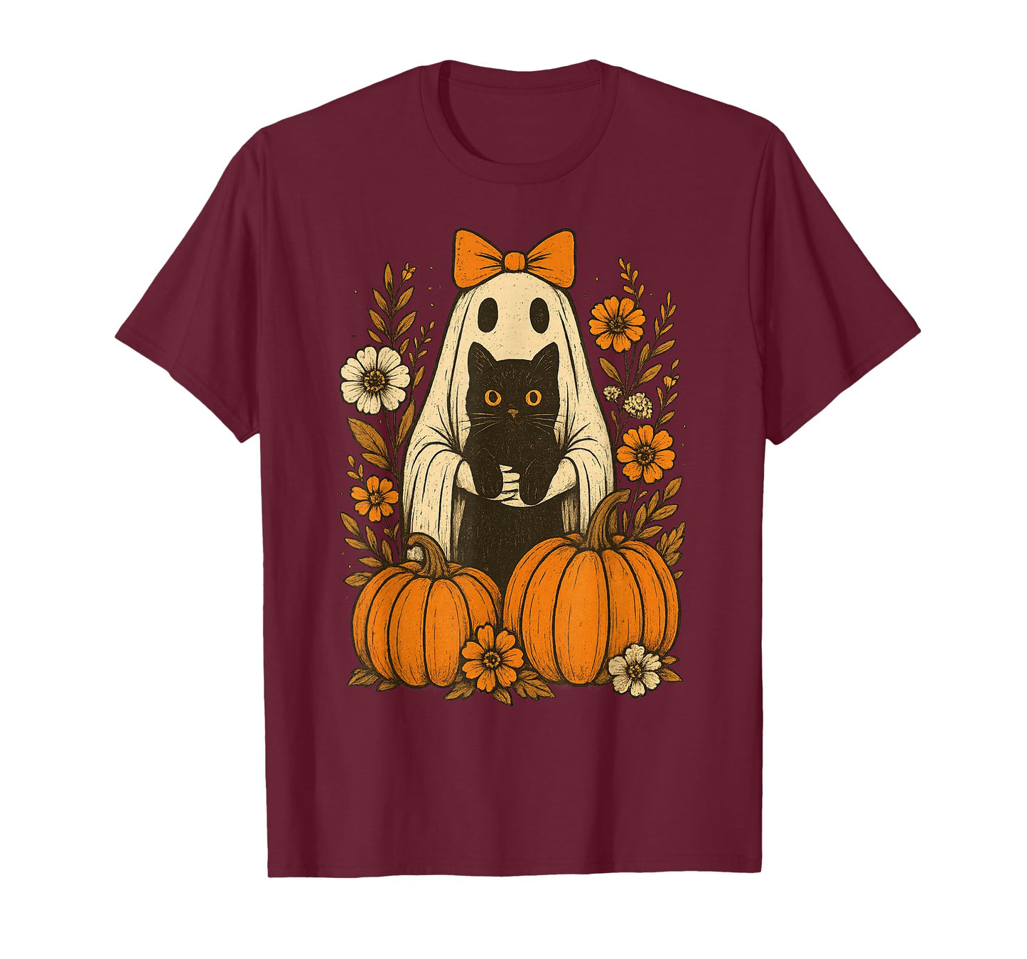 Vintage Halloween Ghost Holding Black Cat Groovy Floral T-Shirt