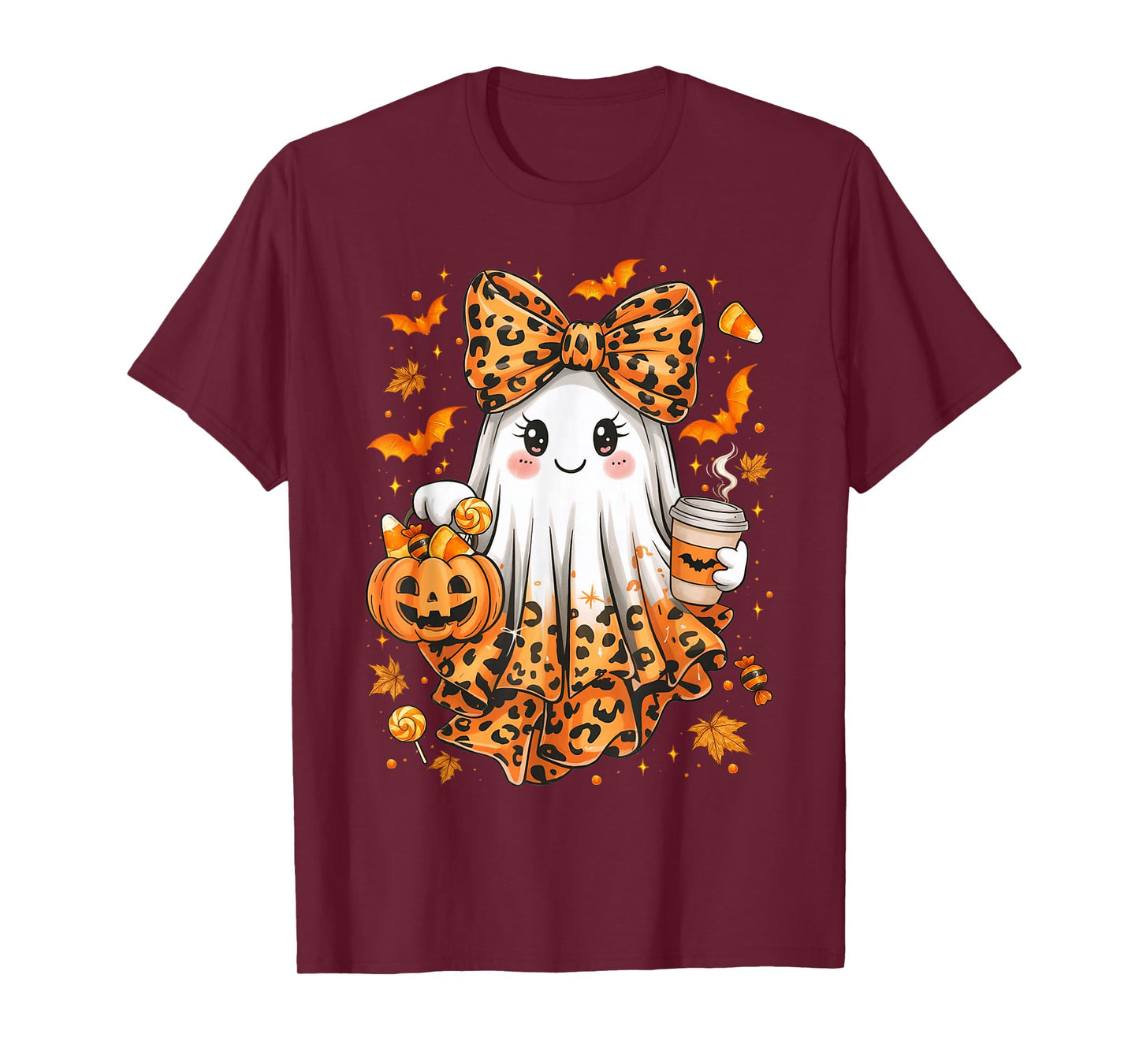 Leopard Ghost Drinking Coffee Halloween Ghost Coffee Women T-Shirt