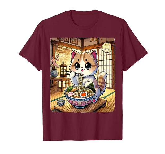 Cat Eating Ramen Kawaii Neko Japanese Noodle Gifts Girl Teen T-Shirt