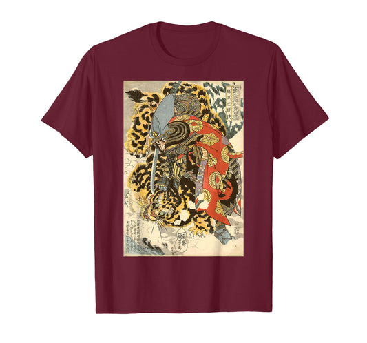 Japanese Samurai General Fighting Tiger Artwork T-Shirt
