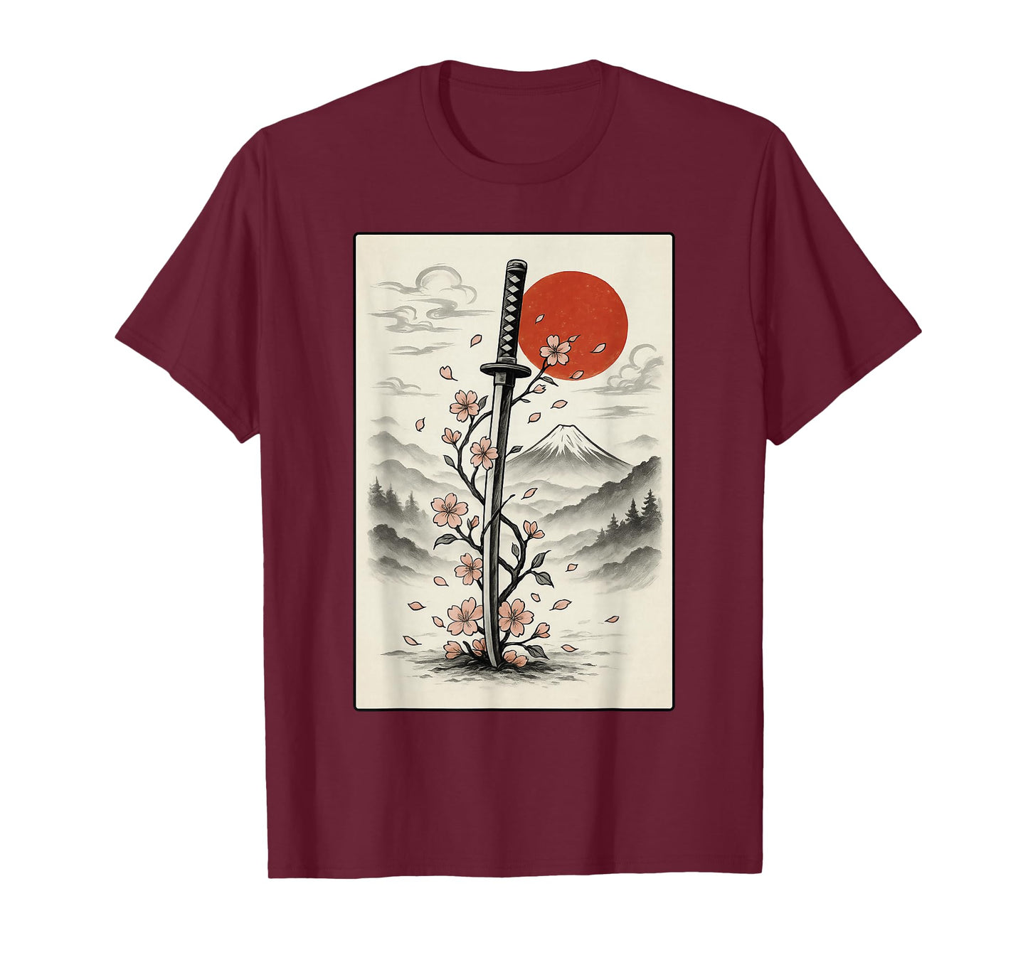 Cool Floral Art Anime Japanese Samurai Katana Sword Graphic T-Shirt