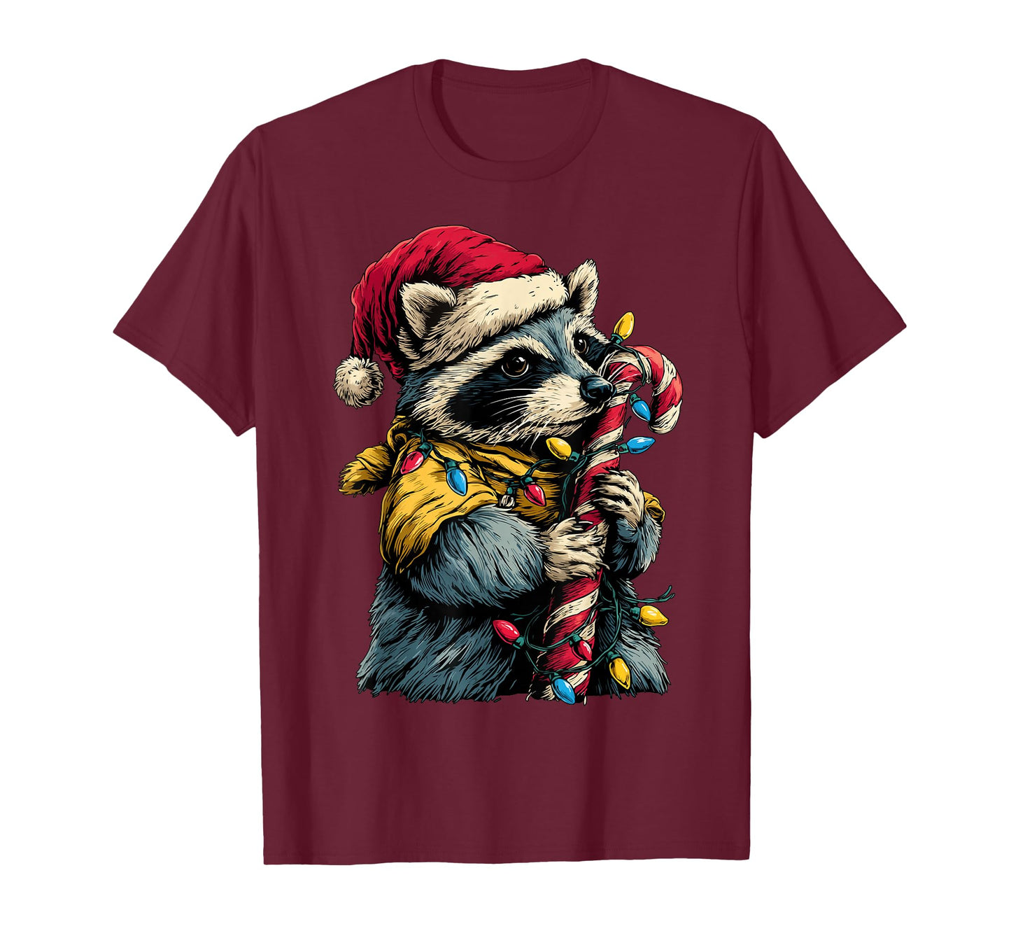 Cute Raccoon with Candy and Christmas Lights Festive Animal T-Shirt