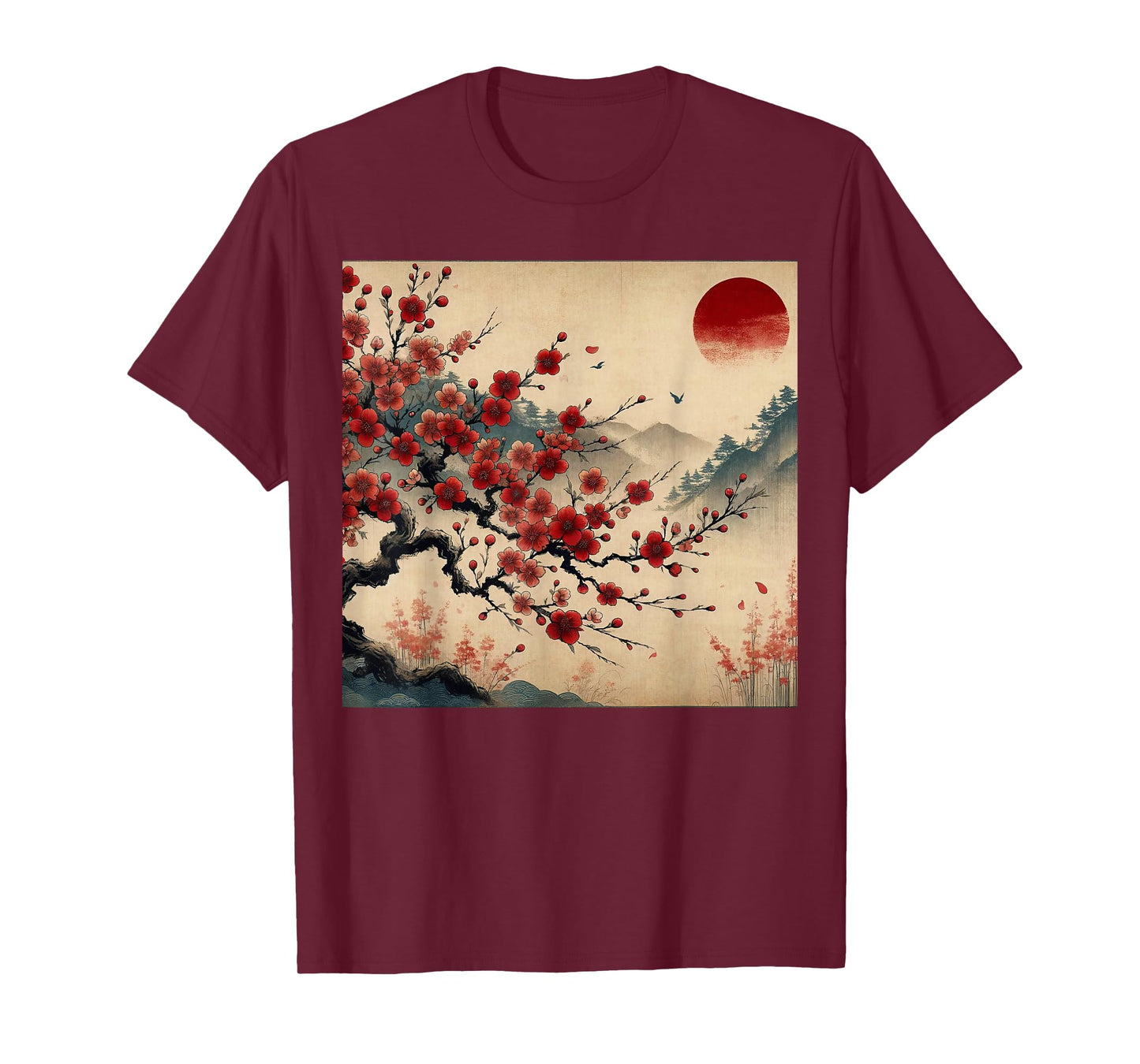 Vintage Cherry Blossom Woodblock Tee Japanese Graphical Art T-Shirt