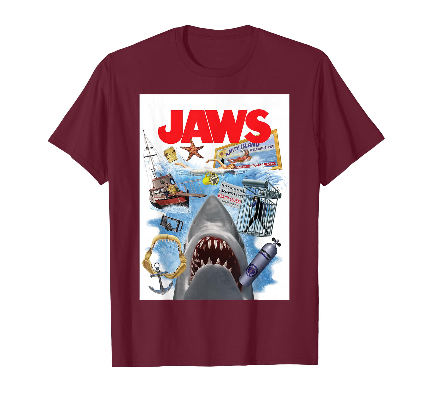 Jaws 50th Anniversary Poster Amity Island Collage 2-Sided T-Shirt