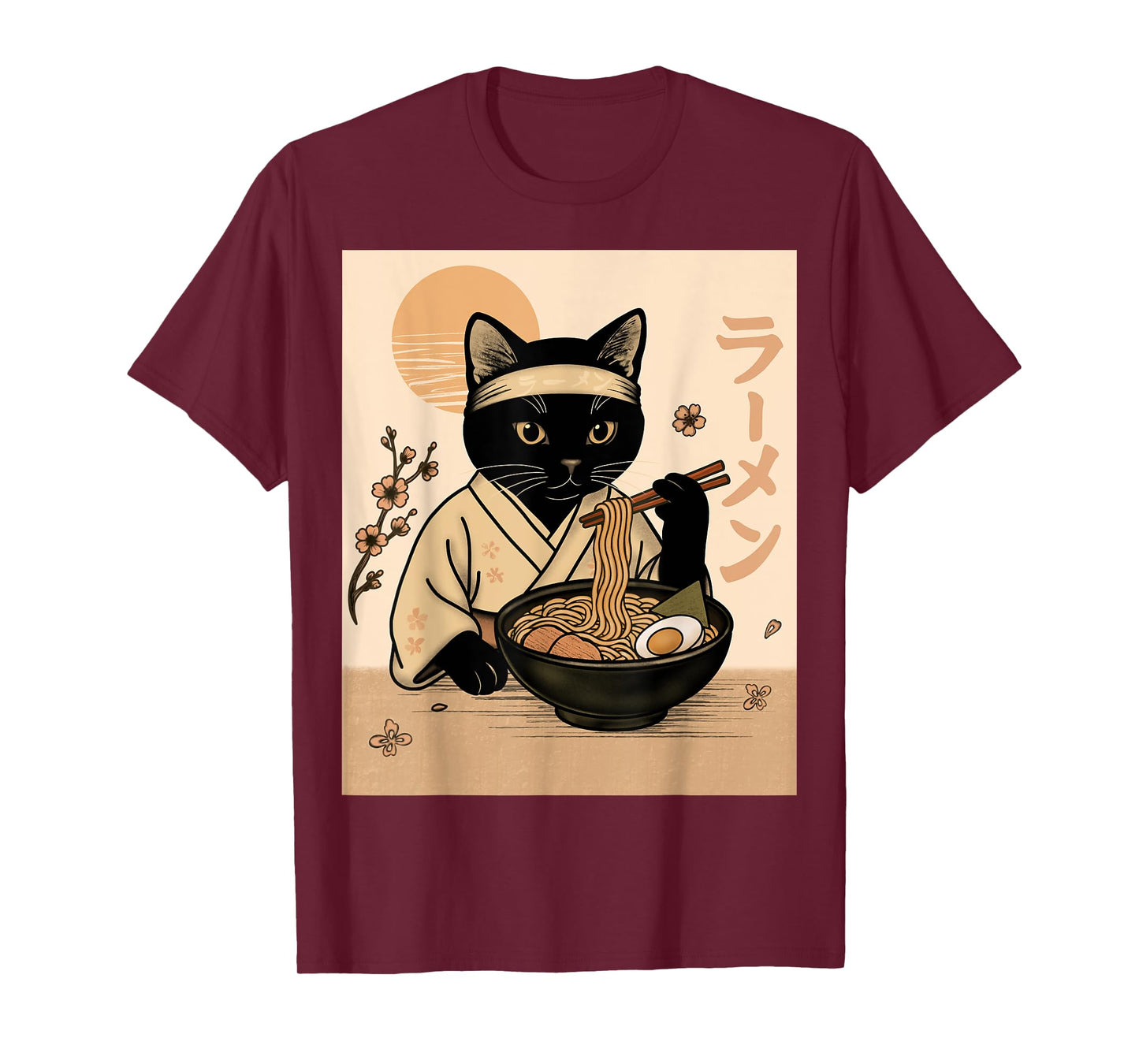 Samurai Cat Eating Ramen in Kimono Japanese Food Art T-Shirt