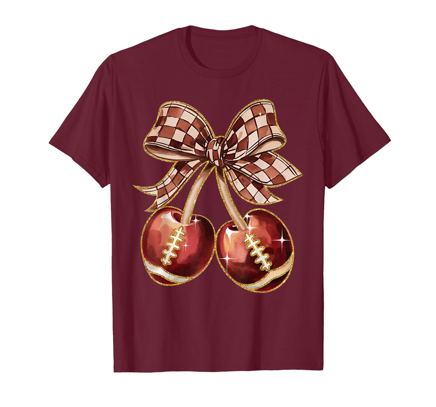 Coquette Bow Cherry American Football Game Day Thanksgiving T-Shirt
