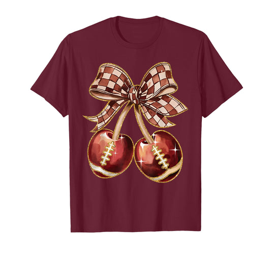 Coquette Bow Cherry American Football Game Day Thanksgiving T-Shirt