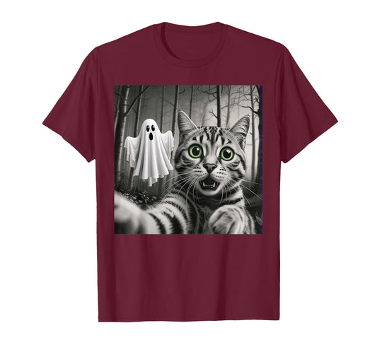 Halloween Cat Selfie with Spooky Ghost T-Shirt