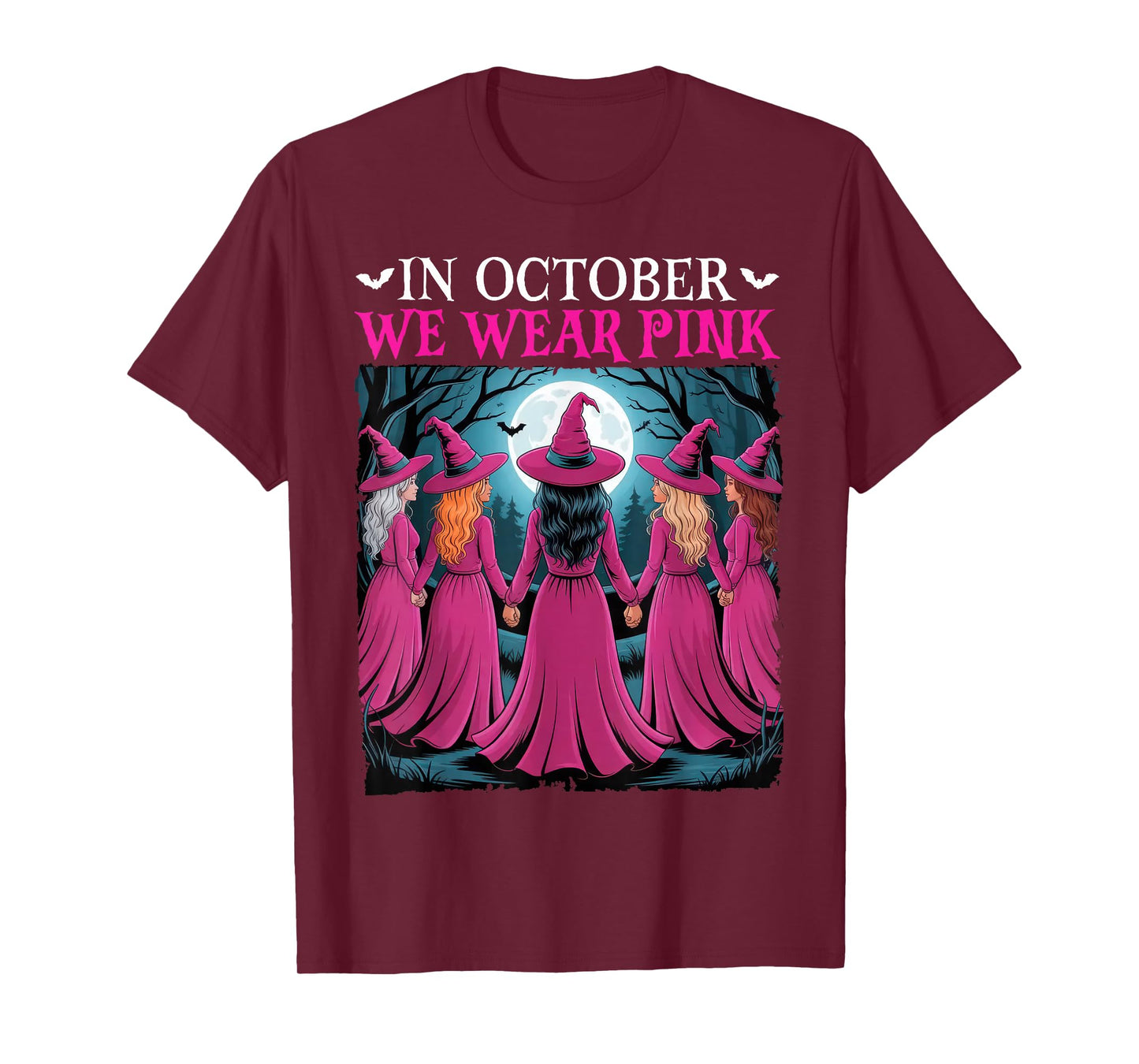in October We Wear Pink Witch Halloween Breast Cancer Women T-Shirt