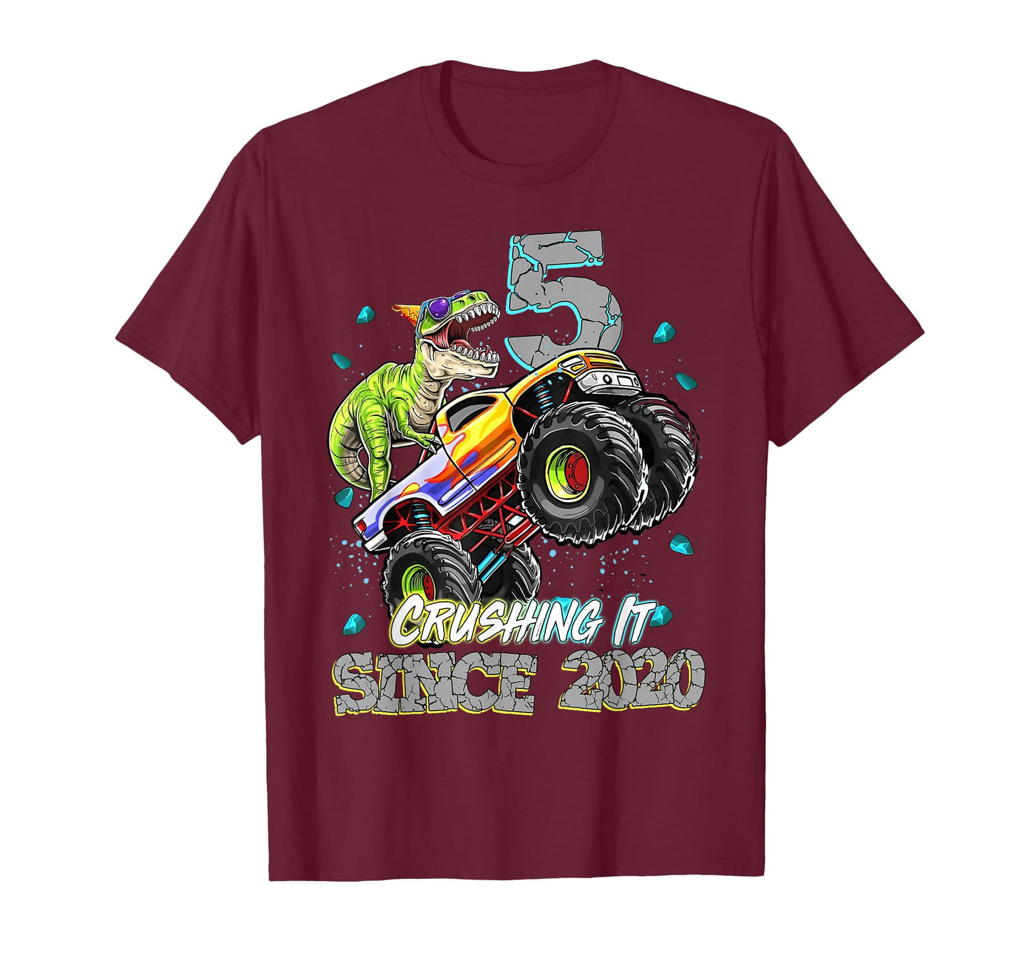 5th Birthday Since 2020 Monster Truck Dinosaur Birthday Boy T-Shirt