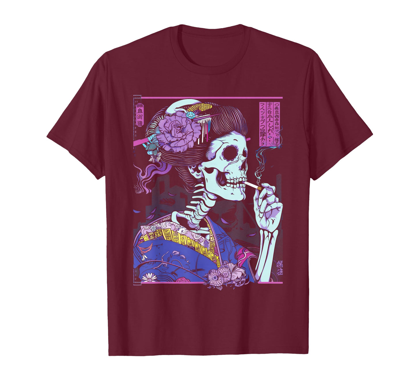 Anime Japanese Goth Cyberpunk City Skull Kimono Vintage T-Shirt