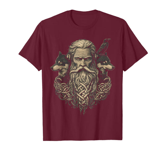 Odin Celtic Viking with Wolf and Odins Raven Valhalla Pagan T-Shirt