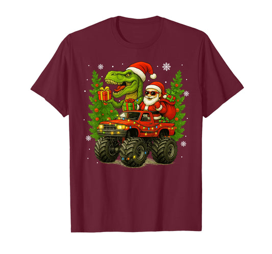 Christmas Santa Monster Truck Dinosaur Lover Men Boy Kid T-Shirt