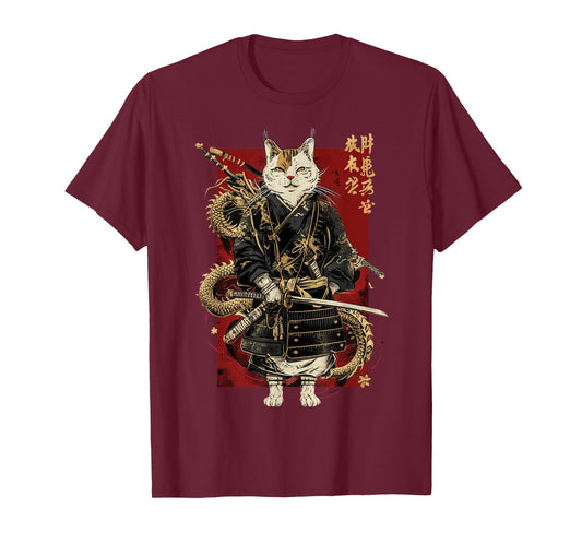 Samurai Cat with Dragon Japanese Kanji, Japan art lover T-Shirt for Men Women Girls Kids