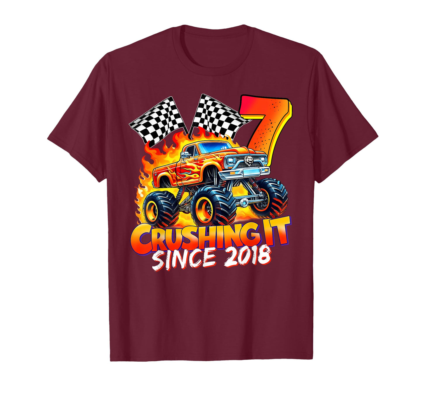 Monster Truck Birthday 7 Year Old Born 2018 7th Party Boys T-Shirt
