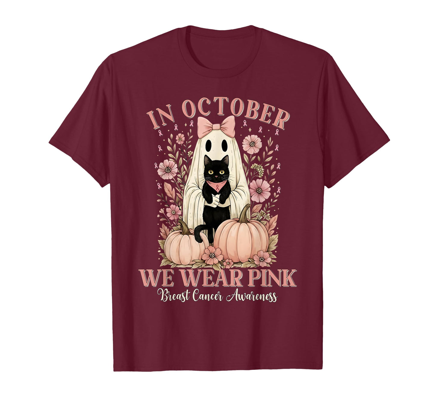 in October We Wear Pink Ghost Halloween Cat Breast Cancer T-Shirt