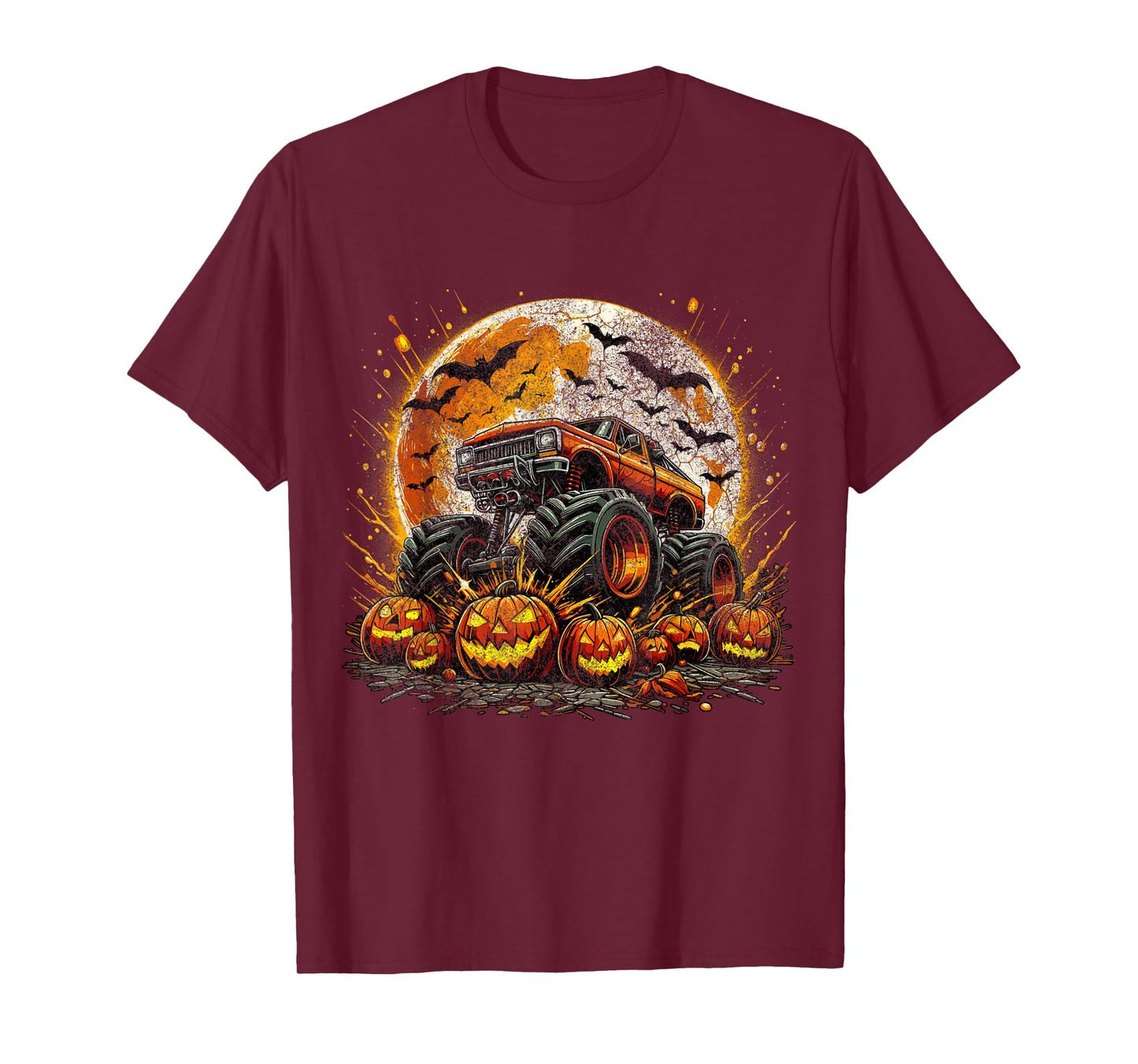 Monster Truck Pumpkin Halloween Jack O Lantern Moon T-Shirt