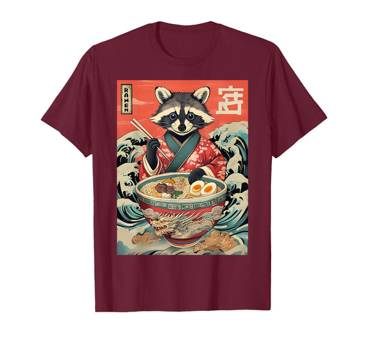 Raccoon Eating Ramen Noodles Kawaii Anime Manga Japanese T-Shirt