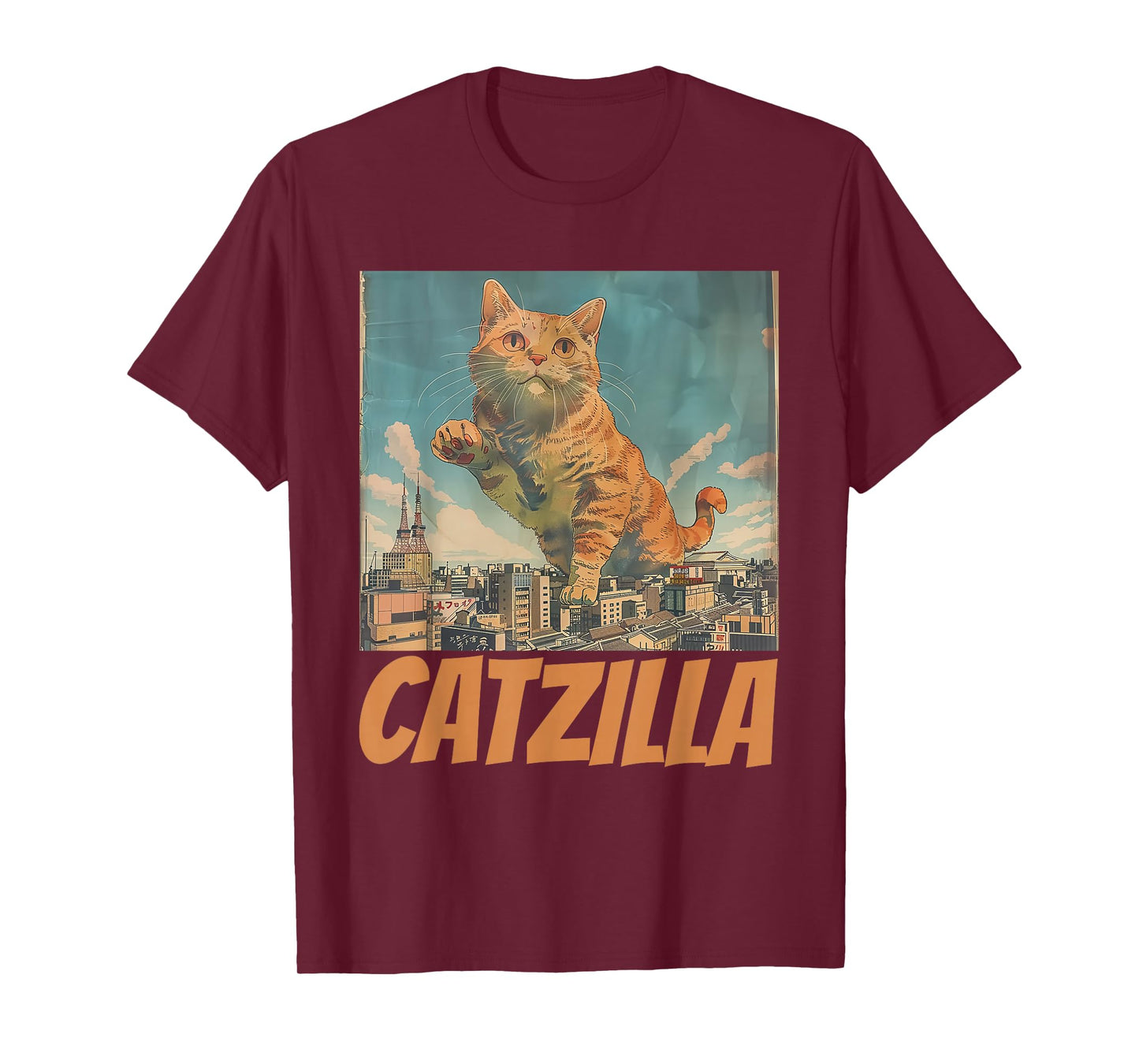 Funny Orange Cat Catzilla Japanese Art T-Shirt for Men Women