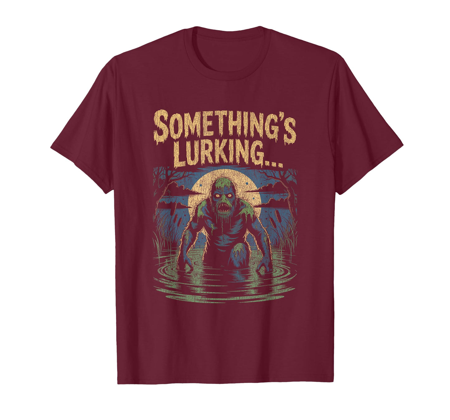Swamp Creature Emerging from Water Under Full Moon Halloween T-Shirt