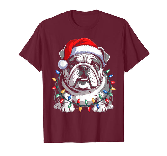 English Bulldog Christmas Lights Santa Hat Xmas Dog Lover T-Shirt