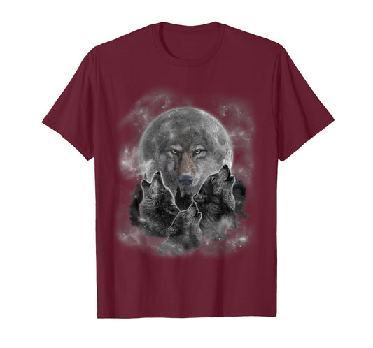 Three Wolves Howling, Full Moon w Wolf Silhouette T-Shirt